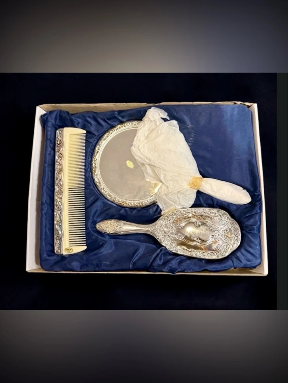 VTG 1987 Godinger Silver Plated 3pc Dresser Vanity Set Mirror Brush Comb Box